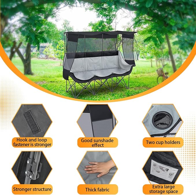 3 Person Camping Chair with Canopy Shade 700lbs Heavy Duty Oversized Beach Camping Chair with Thick Cushion Cup Holder and Carry Bag Foldable Portable Sofa for Lawn Beach Outdoor(Black)