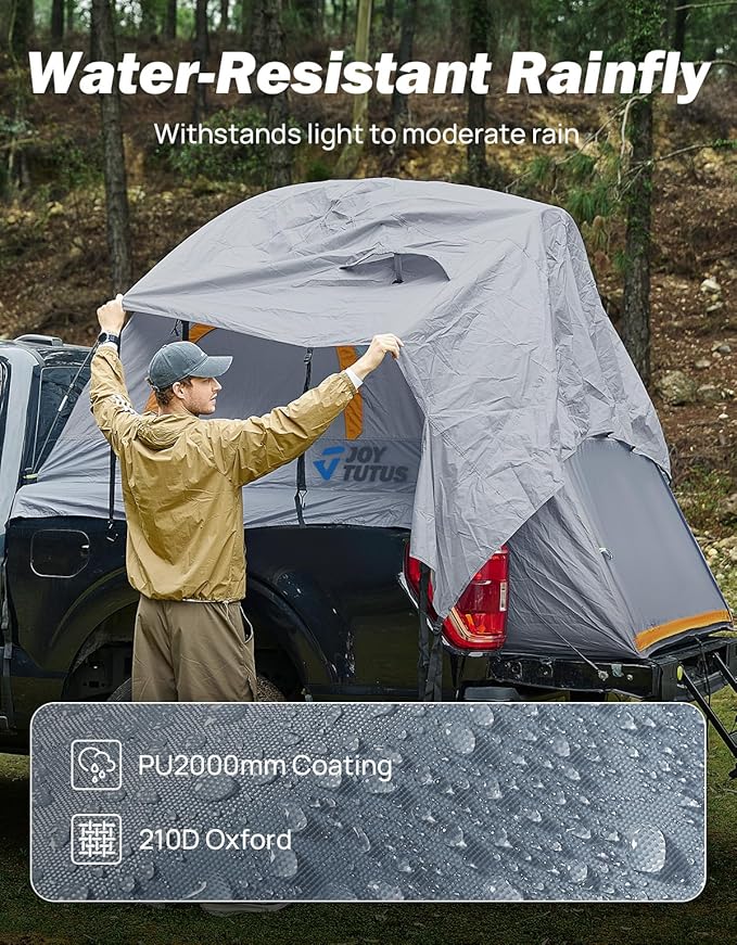 JOYTUTUS Pickup Truck Tent 2.0 Waterproof PU2000mm Double Layer for 2 Person Portable Truck Bed Tent with Rainfly 5.5'-5.8' Camping Preferred - Orange