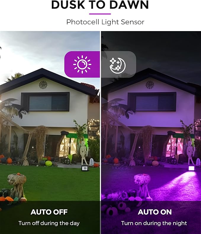 L LOHAS LED Purple Christmas Halloween Flood Light Outdoor 𝑨𝒖𝒕𝒐 𝑶𝑵/𝑶𝑭𝑭 50W Plug in Flood Light IP66 Waterproof 2300lm Outdoor Lights for Yard Garage Party UL Listed