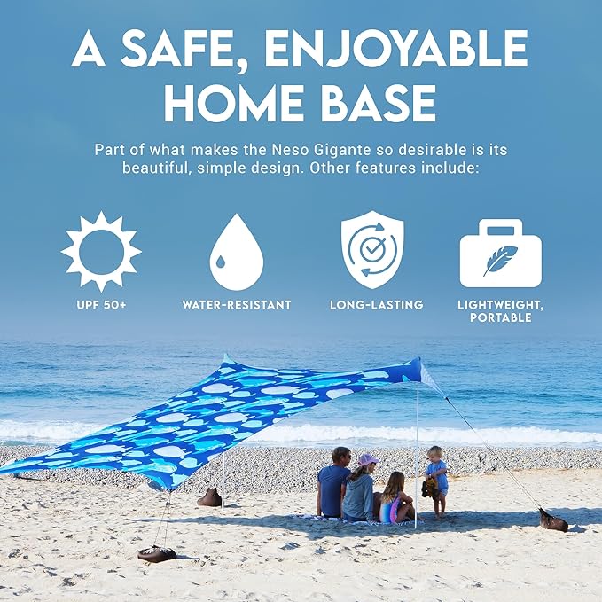 Neso Gigante Portable Beach Tent Sun Shelter - Lightweight Beach Shade Canopy - Easy Setup for Family Outings - Patented Reinforced Corners - UPF 50+ - 8ft Tall 11 x 11ft - Save The Whales