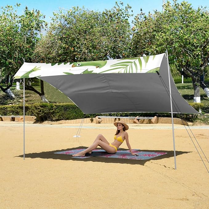 Cartoon Crocodiles Pattern Camping Sun Shelter Beach Tent Portable Beach Sun Shade Outdoor Canopy for Camping Trips Fishing Picnic