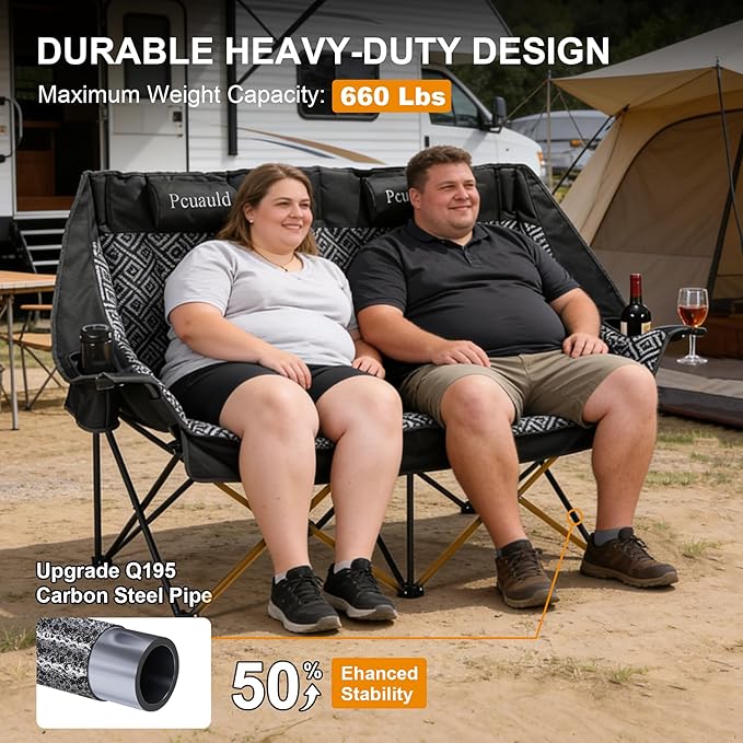 High Back Double Camping Chair Padded Folding Loveseat with Adjustable Pillows Heavy Duty 2 Person Camping Lawn Chairs for Adults with Cup Holders &amp Wine Racks for Outdoor Sports Beach Fishing