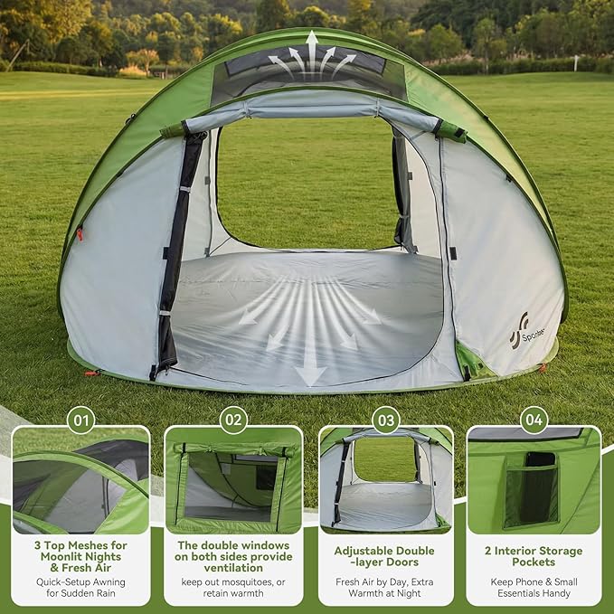 Sportneer Camping Tent: 2 Adults Pop Up Tent with Rain Fly and Carrying Bag - All-Weather Shelter for Camping Backyard Sleepover &amp Beach 2 Doors 3 Top Meshes Easy Set Up Size 110''x78''x51''