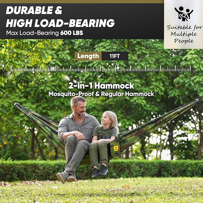 Camping Hammock with Mosquito Net 600 lbs Portable Hammock with Tree Straps2-in-1 Double/Single Travel hammocks Tent for Outside/Indoor/Backpacking/Beach-Plaid Camouflage