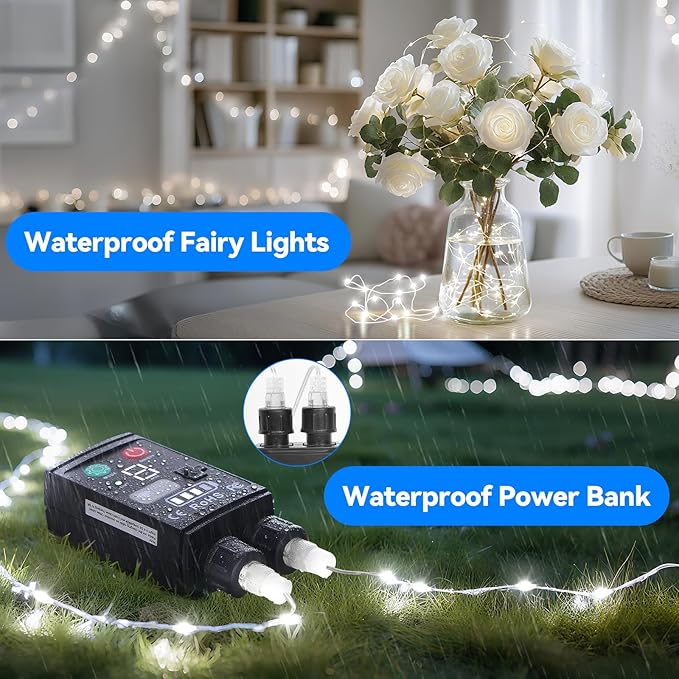 Lakumu 2-in-1 Fairy Lights Battery Operated 200 LED String Lights with Remote &amp Timer 66FT(2×33) Twinkle Lights for Bedroom Waterproof Indoor Outdoor Camping Christmas Decorations Cool White