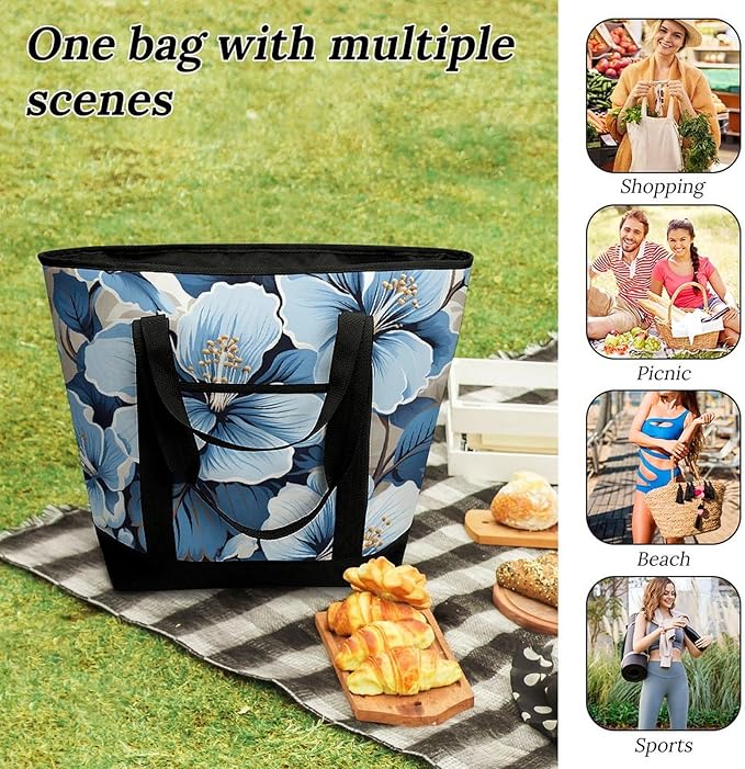 Insulated Shopping BagLarge Reusable Cooler Bags Blue Hibiscus Flower Printed Foldable Shopping BagTravel Waterproof Shoulder Bag