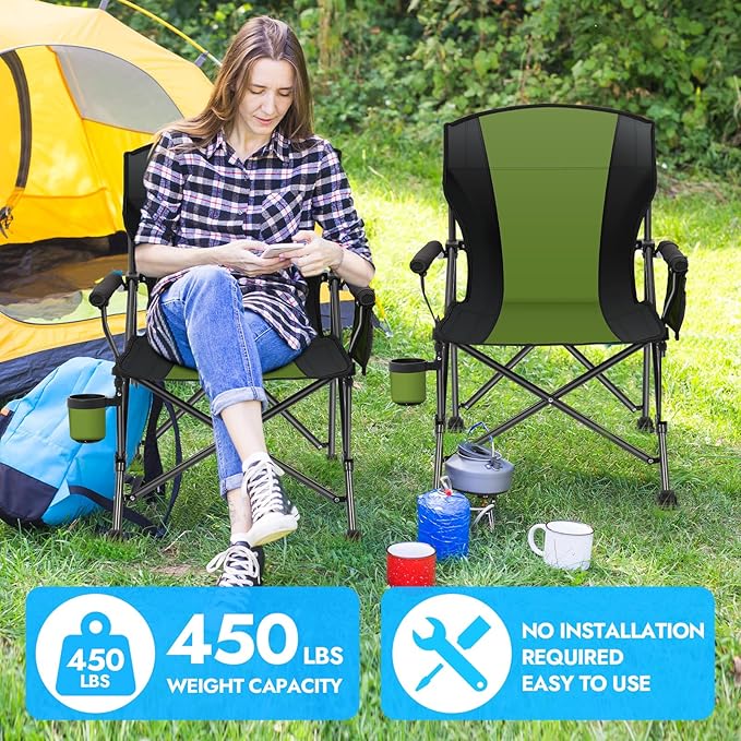 2 Pack Oversized Folding Camping Chair for Adults Supports 450 LBS Camping Chairs Heavy Duty Camping Chair with Side Pockets Foldable Outdoor Chair for Camping Beach Fishing Hiking Green-Black