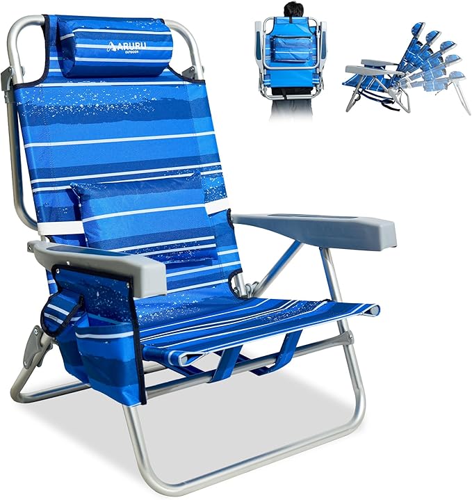 Beach Chairs for Adults Portable Folding Backpack Beach Chair Heavy Duty 5-Position Lay Flat with Cooler Bag Cup Holder for Outdoor/Lawn/Trip/Picnic/Fishing/Camping