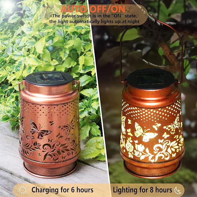 2 Pack Solar Butterfly Lanterns Outdoor Hanging Decor LanternWaterproof Hollow Out Retro Metal Decorative Garden LightGraceful Decoration for PatioYardLandscapeFestival