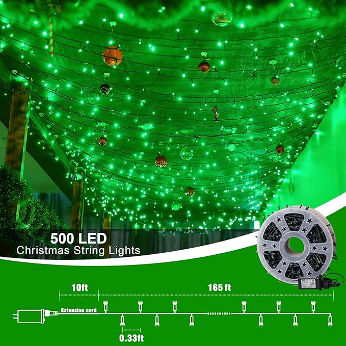 QITONG 165ft 500 LED Green Christmas Lights 8 Modes Christmas String Lights Outdoor Waterproof Plug in Green Wire Twinkle Light Indoor with 8 Modes