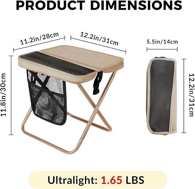 Portable Collapsible Stool - Folding Chair with Storage Pouch Convertible Satchel for Hands-Free Carry &amp Supports 265Lbs Ultralight for Hiking Fishing Camping Festivals (Khaki)