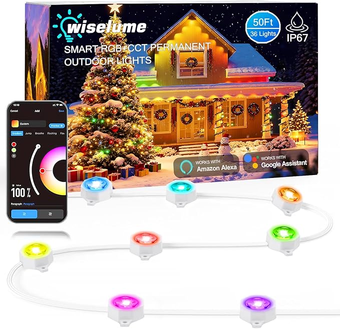 50FT Permanent Outdoor Light with 36 LED Lights Smart RGB Color-Changing Eaves Lights Waterproof Exterior Lights for House Trim App Control Perfect for ChristmasHolidaysDaily Lighting