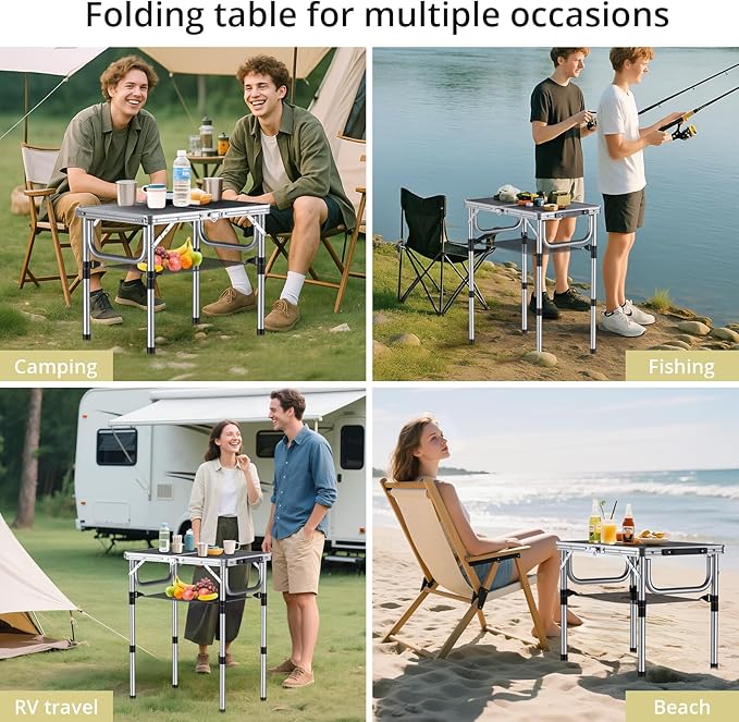 Anbte Folding Camping Table Aluminum 24 x 16 Adjustable Height Small Folding Table with Carrying Handle Lightweight Portable Camping Table Waterproof for Outdoor Indoor Picnic Beach BBQ (Black)