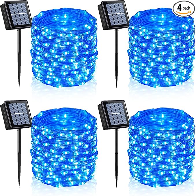 YEGUO 4 Pack Blue Solar Fairy Lights Each 33ft 100 LED Christmas Lights Outdoor Waterproof 8 Modes Sliver Wire Solar String Lights