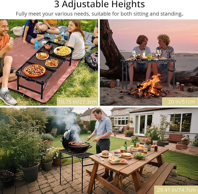 Anbte 3ft Tri-fold Grill Table 2 Adjustable Heights Max 29.5 Sturdy Metal Grill Table with Storage Bag Heat-Resistant Tabletop Portable Handle for Cooking BBQ Outdoor Travel 35 x 16 Black
