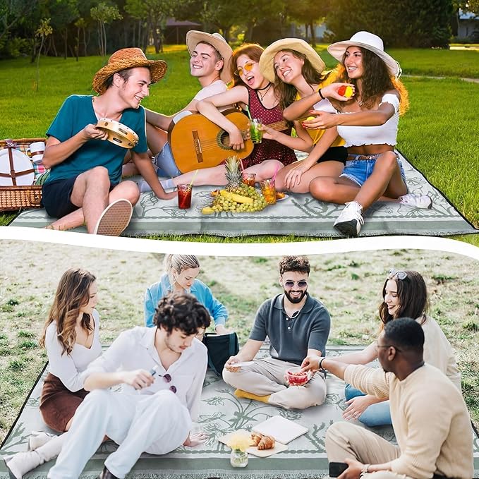 91x 71 in Extra Large Outdoor Picnic Blanket with Waterproof Mat Oversize Beach Woven Cotton Yarn Blanket with Fringe Machine Sandproof for Spring Summer Camping Beach Park(PlantsGreen)