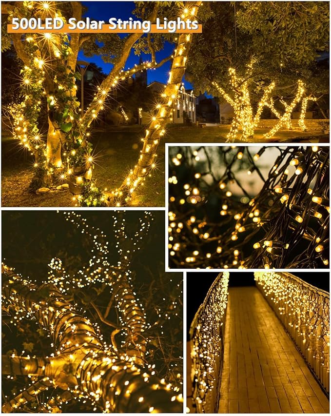 Upgrade 2Pack 500LED Solar String Lights Outdoor Waterproof 180FT Solar Lights Outdoor String with 8 Modes IP65 Waterproof Twinkle Christmas Light for Outside Garden Tree Decoration Warm White