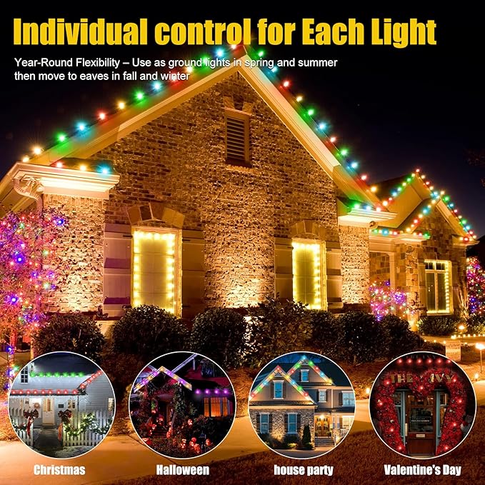 100 FT Permanent Outdoor Lights Waterproof 2-in-1 Eaves &amp Ground Stakes LED String Lights with App/Remote Control for House Garden– Smart Color-Changing Lighting for Halloween Christmas Decorati