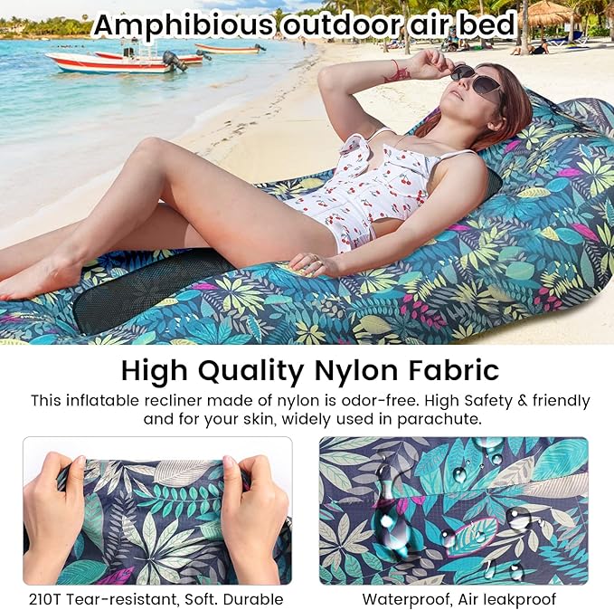 ele ELEOPTION Outdoor Inflatable Camping Couch Waterproof Portable Blow Up Air Sofa Chair Lounger for Backyard Beach Traveling Camping with Compression Sacks (Blue Leaf Print)