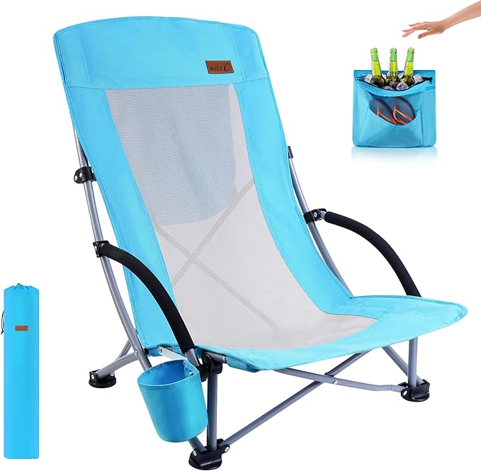Nice C Compact High Back Beach Chair for Adults w/ Cooler Cup Holder &amp Carry Bag - Heavy Duty for Outdoor Camping BBQ Travel Picnic Festival (One Blue)