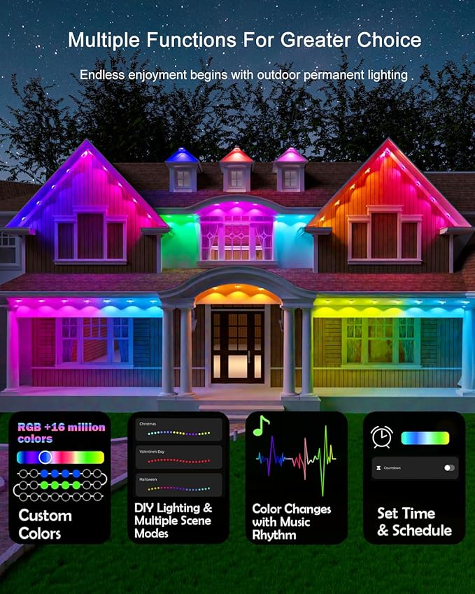 Permanent Outdoor Lights 100ft RGB+IC with 72 Smart AI Eave Lights with Remote APP Control DIY LED Color Individual Christmas Outdoor Light Party Compatible with Alexa Google Assistant