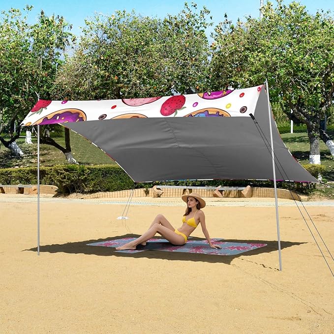 Donuts Pattern Beach Tent Sun Shelter 9.2' x 10.5' Beach Canopy with 4 Sandbags 4 Stability Poles Sand Shovels - Tent Canopy for Beach Camping Fishing Picnics