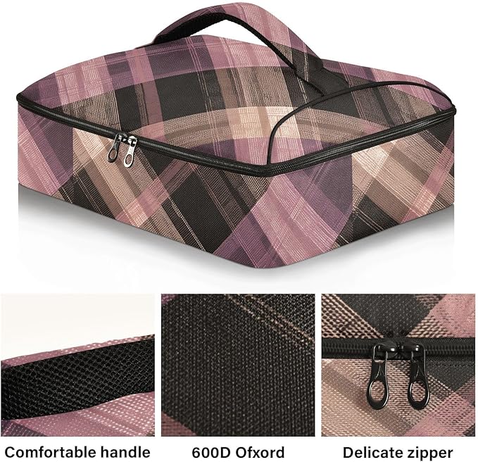 Casserole Carrier Pattern Purple Brown Tartan Plaid Insulated Casserole Carrier for Hot or Cold Food Thermal Lunch Tote for Parties Picnic Travel Carry Bag