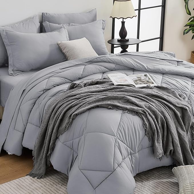 HEVUMYI Light Grey King Comforter Set - 7-Piece All Season Bed in a Bag King Ultra Soft Bedding Set with Comforter Flat Sheet Fitted Sheet Pillowcases Pillow Shams Light Gray