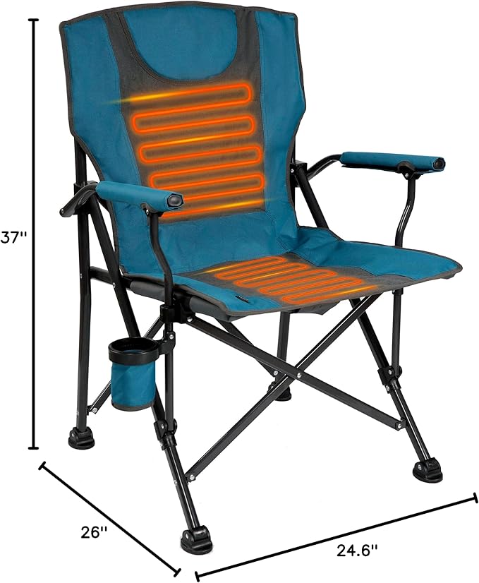 Backyard Expressions Luxury Heated Portable Camp Chair - Blue/Grey - Great for Camping Sports and The Beach
