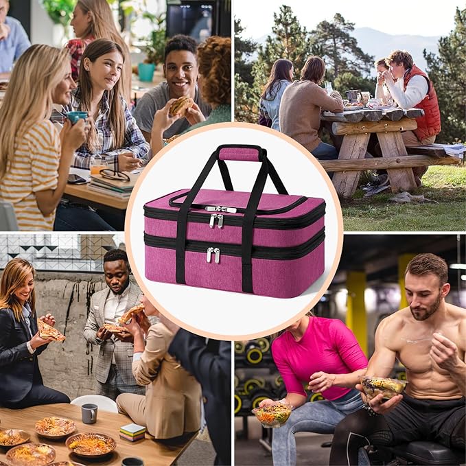 Insulated Double Casserole Carrier - Portable Casserole Carriers for Hot or Cold Food Lunch Tote Warmer or Cooler Bag for Potluck Parties Picnic Cookouts Fits 9 x 13 Baking Dish - Pink