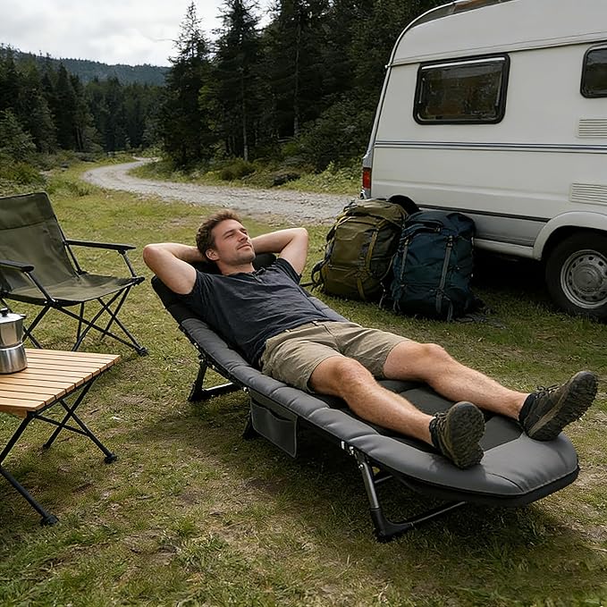 Portable Cot for Camping Adult Folding Camping Cot with Thick Mattress Pillow Adjustable Cots for Sleeping with Pad 26 Wide Outdoor Lounge Chair for Home Office Nap Beach Travel Hiking (Grey 2)