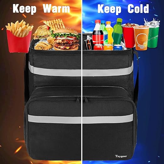 Taygeer Food Delivery Backpack Expandable Insulated Food Delivery Bag for Grocery Bike Large Leakproof Waterproof Hot Pizza Bags with 4 Mesh Pockets Reflective Strip for Uber Eat Doordash Black