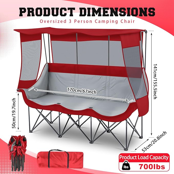 3 Person Camping Chair with Canopy Shade 700lbs Heavy Duty Oversized Beach Camping Chair with Thick Cushion Cup Holder and Carry Bag Foldable Portable Sofa for Lawn Beach Outdoor(Dark Red)