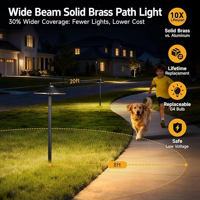 Gardenreet Brass Low Voltage Pathway Lights (9 Shade 23.5 Tall) - Black 12V Path Light Waterproof Wired Outdoor LED Landscape Area Lighting for Garden Walkway with 3W 270LM 2700K G4 Bulb (6 Pack)