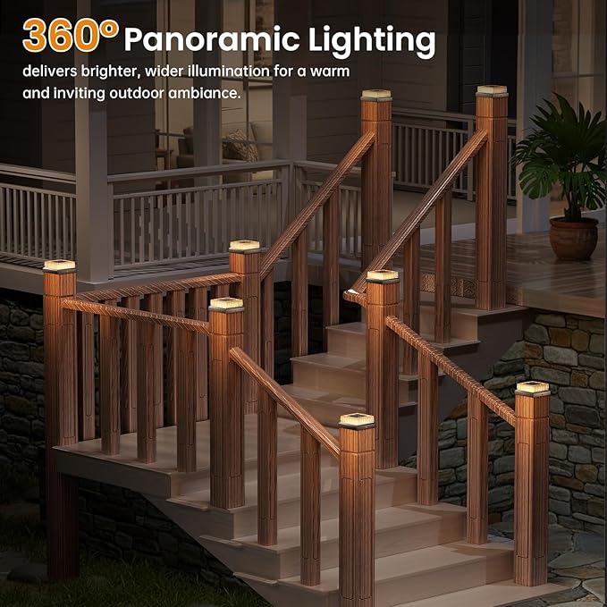 APONUO Solar Post Cap Lights 8-Pack Fence Post Solar Lights with 20 Lumens 3-Sided Panoramic Glow IP65 Waterproof Fence Deck Patio Garden Decor Easy No-Tool Install for 4x4 Posts Black
