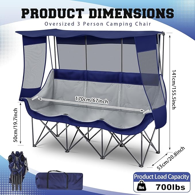3 Person Camping Chair with Canopy Shade 700lbs Heavy Duty Oversized Beach Camping Chair with Thick Cushion Cup Holder and Carry Bag Foldable Portable Sofa for Lawn Beach Outdoor