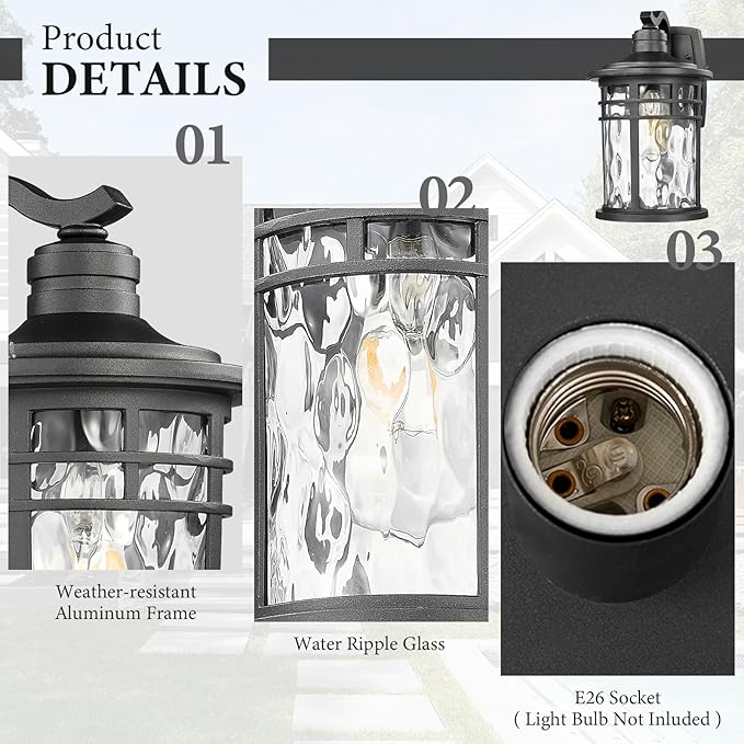 Darkaway 2pcs Large Outdoor Porch Lights Wall Mount 15inch Outside Light Fixtures Sconces Wall Lighting with Water Ripple Glass Waterproof Exterior Lights for Patio Yard Garage