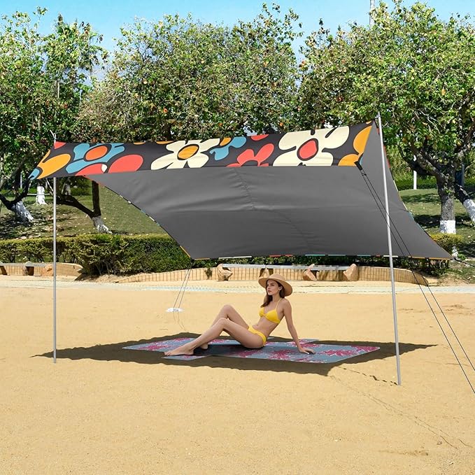 Camping Sun Shelters Groovy Pattern with Flowers Beach Canopy 126 * 110.2in