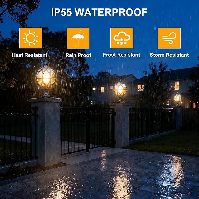 Outdoor Post Light Fixture Retro Amber Glass Ball Pillar Lights Waterproof Exterior Column Lamp Villa Courtyard Garden Park Doorpost Light Landscape Fence Bollard Pedestal Light