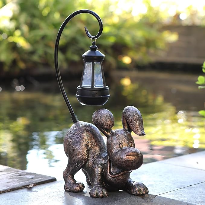 Laughing Dog Figurine with Solar-Powered LED Light 15.9 Inch Tall Antique Bronze Perfect for Gift Garden Decor or Housewarming for Dog Lovers