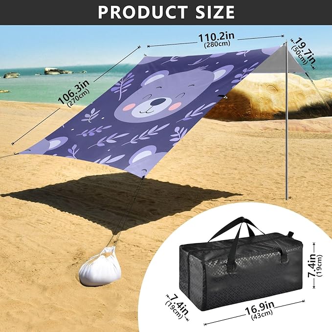 Cute Cartoon Bear Face Leaf Camping Sun Shelter Beach Tent Portable Beach Sun Shade Outdoor Canopy for Camping Trips Fishing Picnic