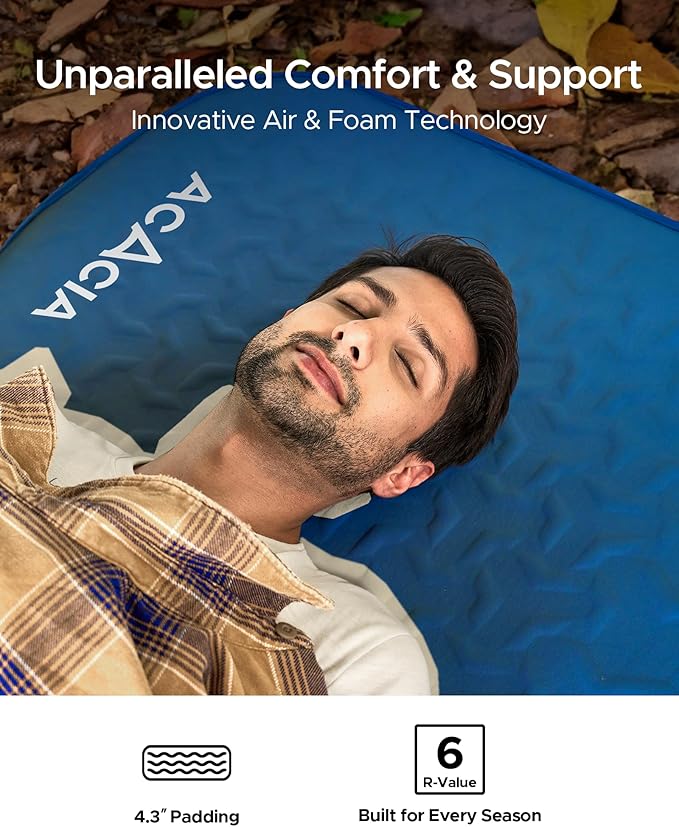 Acacia 4 Thick Self Inflating Sleeping Pad with Foam Innovative Y-Shaped Telescopic Structure Ultraportable Camping Air Mattress with Pump Sack Easy Roll Up Sleep Bed for Travel Tent Car