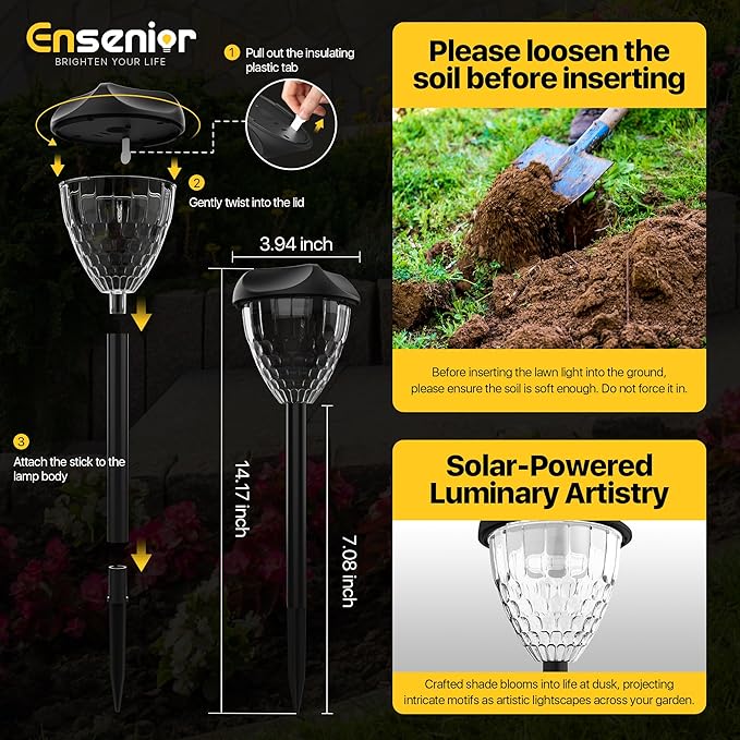 Ensenior 12-Pack Solar Lights Outdoor 14.17 Auto ON/Off 3000K LED Solar Garden Lights for Pathway Yard Patio Walkway Planter Waterproof Energy-Efficient Landscape Lighting