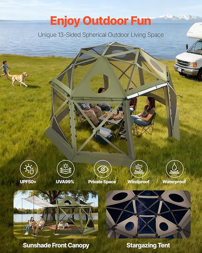 VEVOR Pop up Gazebo Screen Tent 13 x 13 ft 13-Sided Spherical Camping Canopy Tent with Removable Top &amp Carry Bag Quick-Set &amp Bite-Proof Screen House Sun Shelter for 10-12 Persons Green