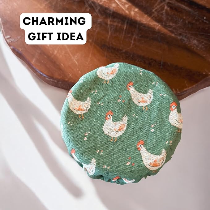 (4-Pack) Sourdough Reuseable Jar &amp Bowl Covers | Cute Baking Gift | 100% Cotton | Washable | Bread Proofing | Kitchen Food Storage Gifting | Starter Cover Lid Kit (Chickens)