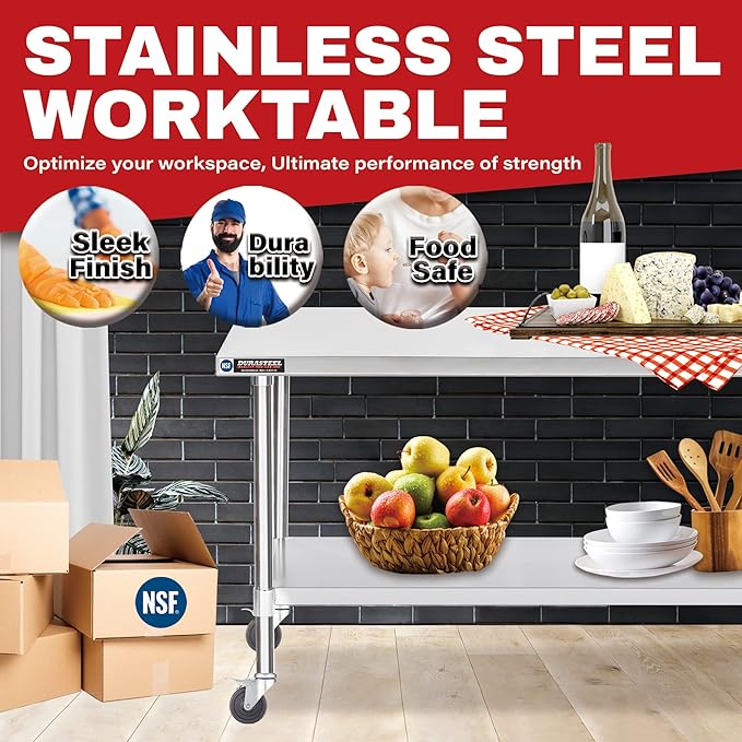 DuraSteel 30x48 NSF Stainless Steel Cart - Heavy Duty Food Prep Table with Undershelf - Rolling Kitchen Island on Wheels for Commercial Restaurant Kitchen Garage Outdoor Cooking BBQ Grill Counter