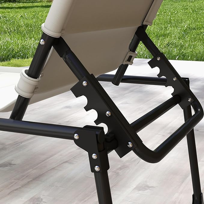 2 Pcs Outdoor Lounge Chair Adjustable Backrest Folding Chaise Lounge Cushioned Tanning Chair w Sunshade Roof Pillow Headrest for Beach Camping Hiking Cream White