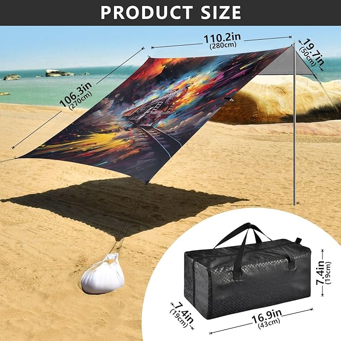 Camping Sun Shelters Watercolor Train Vehicle Beach Canopy 126 * 110.2in