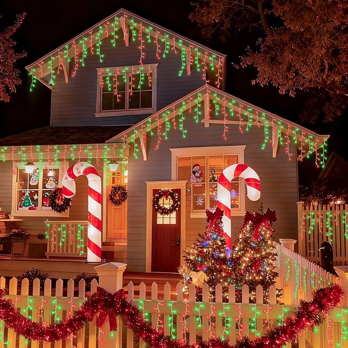 YEGUO 66ft 800 LED Red and Green Icicle Lights Outdoor Waterproof 160 Drops Icicle String Lights Connectable 8 Modes Icicle Christmas Lights with Memory Timer