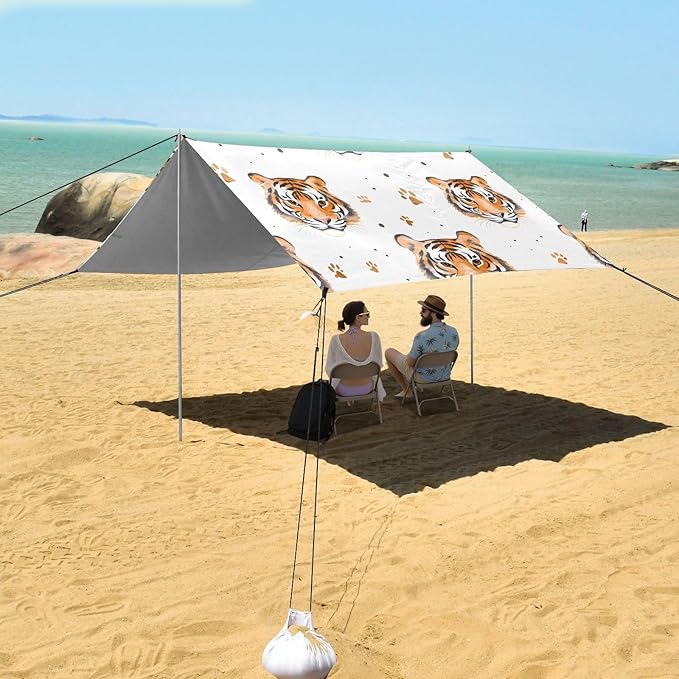 White Background Tiger Faces Paw Prints Pattern Camping Sun Shelter Beach Tent Portable Beach Sun Shade Outdoor Canopy for Camping Trips Fishing Picnic